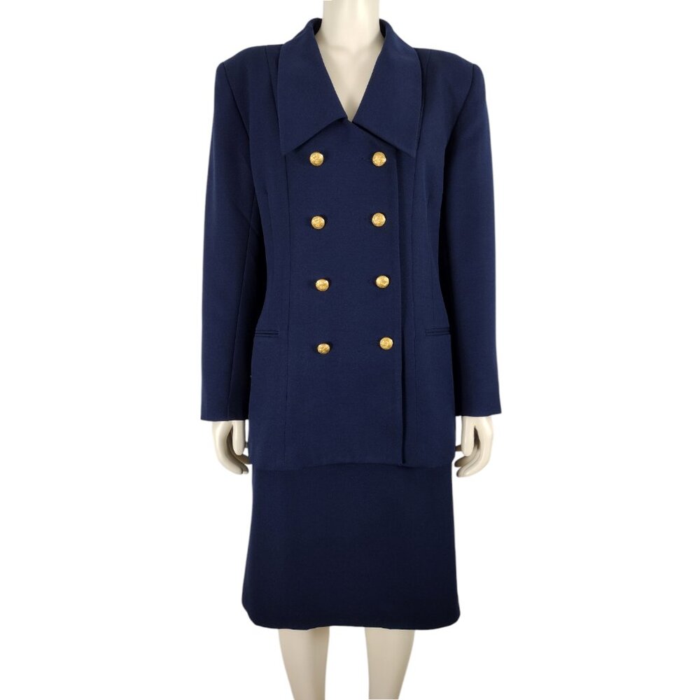 Vintage 1980s Navy Blue Large Collar Double Breasted Skirt Suit Size 12